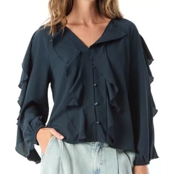 Dee Ocleppo Tops - Dee Ocleppo Elysia Ruffle V Neck Button Up Navy Blouse Womens Size M NWT